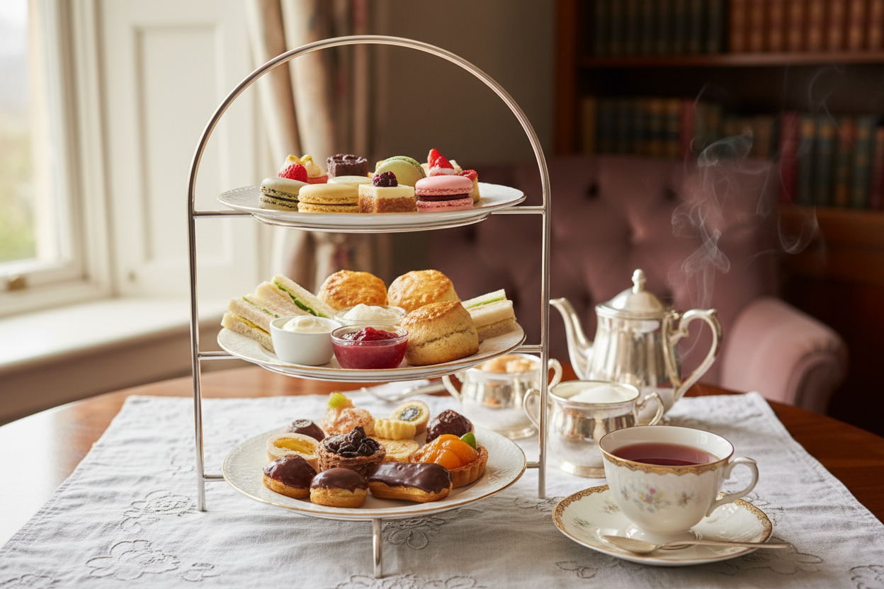 high tea with 2 - 3 level of rack, cake & dessert on rack, put a cup of hot red tea on the side